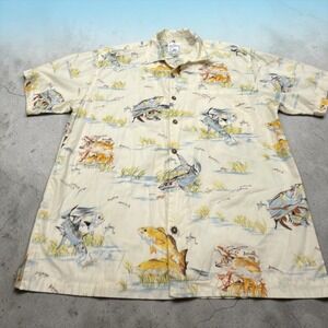 Guy Harvey Fish Print Shirt Mens Large Cream Short Sleeve Cotton Button Up USA